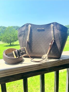 Michael Kors Jet Set Tote Bag + XL Logo Belt Brown Matching Set